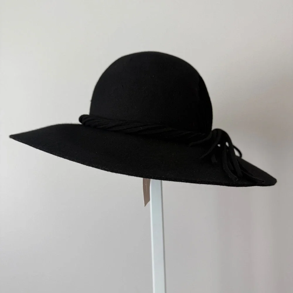 Jessica Simpson OS Black Wool Floppy Wide Brim Hat NWT Boho Felt Bow Fedora